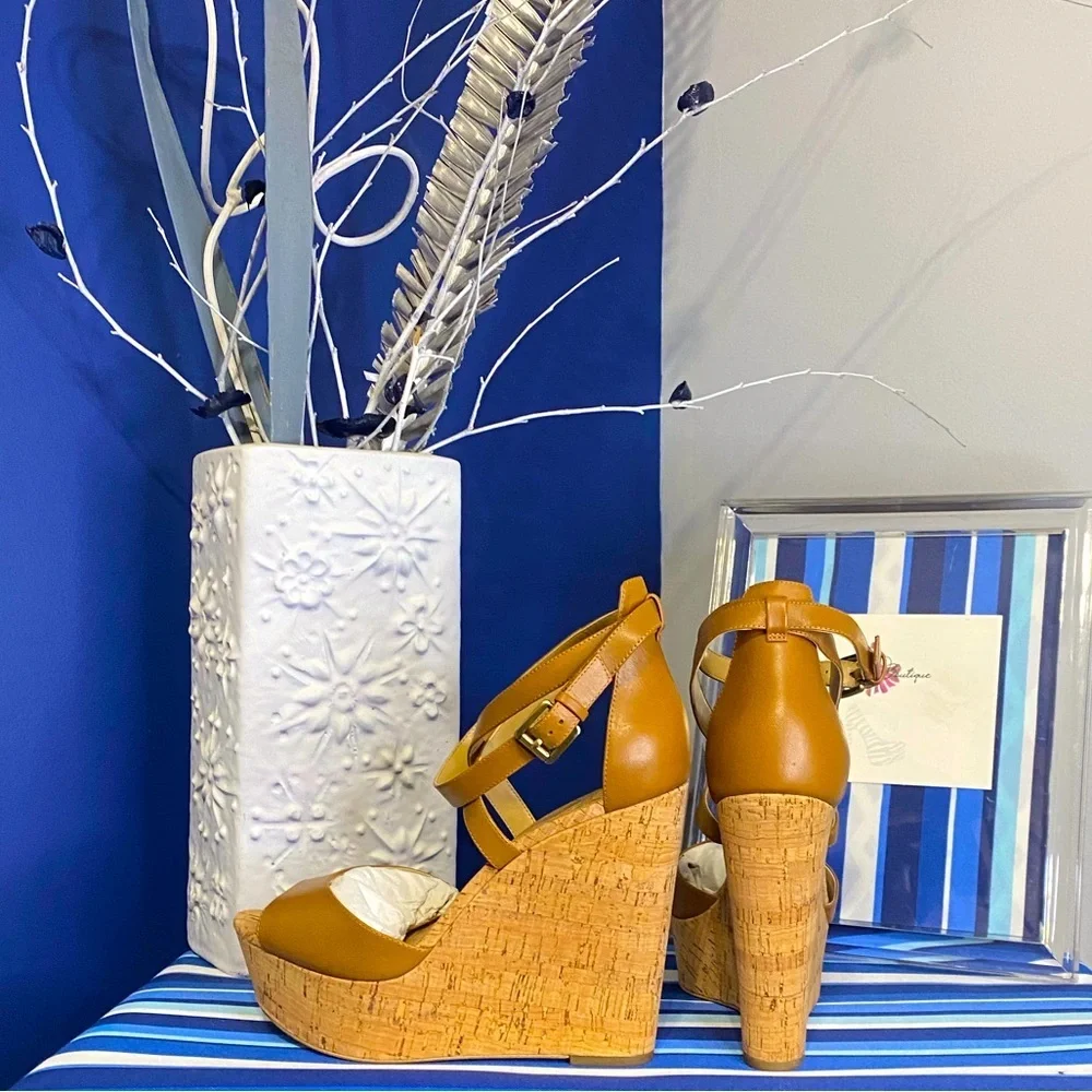 Michael Kors brown cork platform wedge strappy ankle high heel sandals Sz 10 - Picture 8 of 15